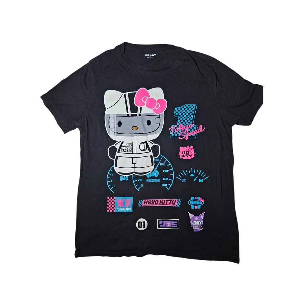 Hello Kitty Old Navy Racing-Car-Theme Black T-Shirt L Unisex Women's Cotton